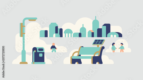 Foto Minimalist flat vector illustration of a modern smart city park with solar power
