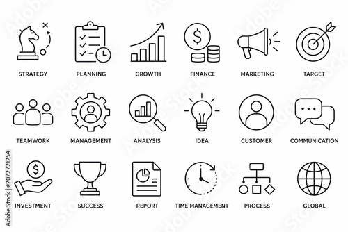 Set of black business and marketing line icons for professional digital design
