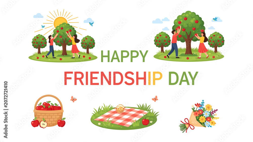 Fototapeta premium Happy Friendship Day Illustrations: A collection of vibrant illustrations celebrating friendship, featuring friends picking apples, enjoying a picnic, and exchanging gifts amidst a cheerful.