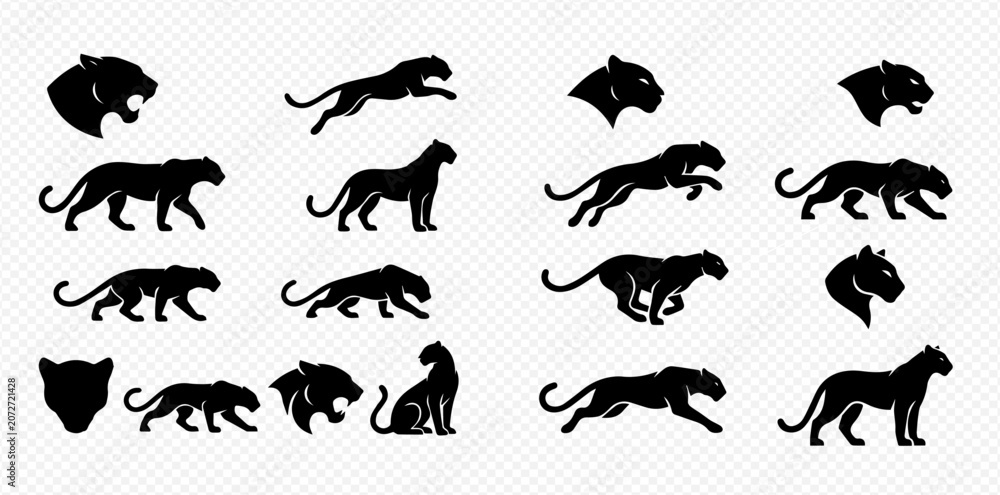 Fototapeta premium Black panther and leopard silhouettes in various poses including running, jumping, and standing, ideal for logo or mascot designs.