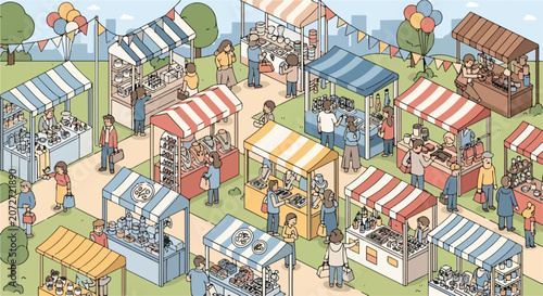 Tableau sur toile Vibrant outdoor market scene with colorful stalls