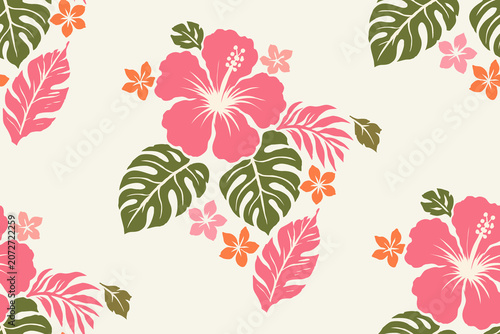Tropical hibiscus seamless pattern with monstera leaves and exotic floral design for fabric, textile, wallpaper, wrapping paper and summer surface print.