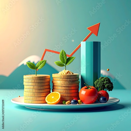 Healthy finance growth with food and plants.