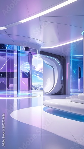 A futuristic room with sleek lines, neon lights, and a curved window
