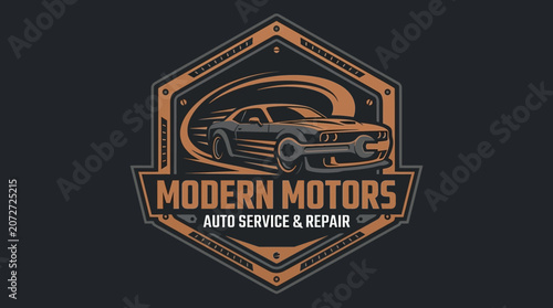 Dynamic Retro Automotive Repair and Maintenance Design Featuring a Speeding Classic Muscle Car within a Stylized Gear Emblem, Perfect for Auto Workshops and Enthusiasts