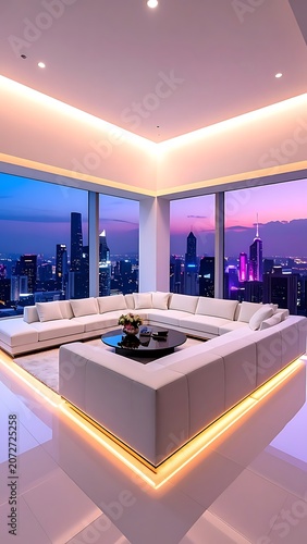 A modern living room with a large sectional sofa and city view