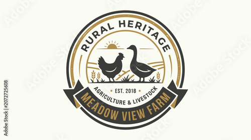 Charming circular emblem for a sustainable agricultural enterprise, illustrating farm poultry – a chicken and a goose – set against a pastoral landscape with a rising sun