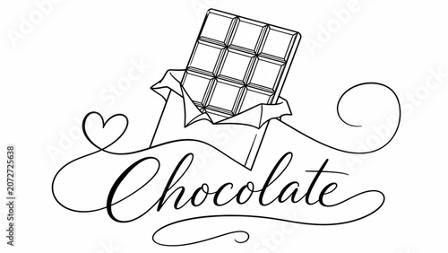 Black and white line art illustration of a chocolate bar with elegant lettering
