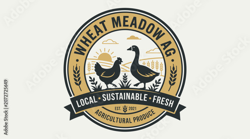 Charming vintage style farm emblem for local, sustainable agriculture, featuring a hen, goose, and wheat stalks, symbolizing fresh produce and rural quality