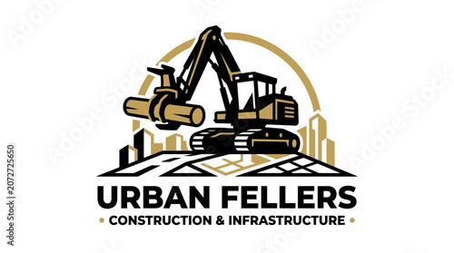 Modern logo illustration symbolizing urban development and infrastructure projects, featuring a powerful excavator actively engaged in land clearing, set against a dynamic city skyline