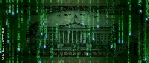 Digital Currency Concept with Ten Dollar Bill made up of Animated Code. Futuristic Finance Background.