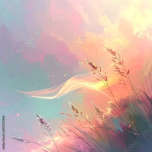 Vibrant pastel-colored landscape with wispy clouds and wildflowers