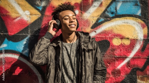 Young black man enjoying urban music lifestyle with headphones