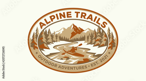 Emblematic design capturing the thrill of alpine outdoor adventures, featuring a kayaker amidst majestic mountains, flowing river, and dense pine forests for a vintage nature experience