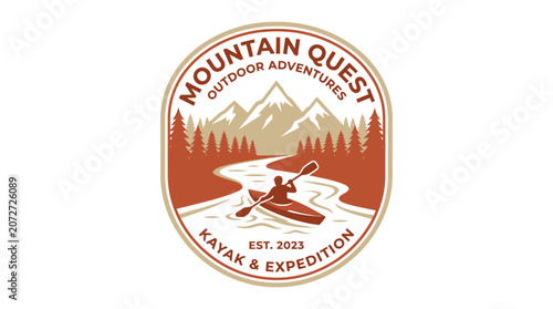 Retro-inspired emblem for outdoor enthusiasts, featuring a lone kayaker navigating a serene river amidst majestic mountain peaks and dense forest wilderness