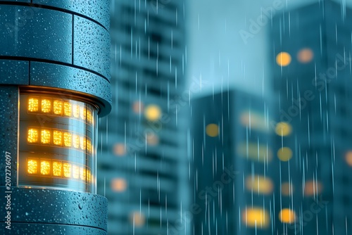 A modern city at dusk or night under a foggy rainy sky, a tall cylindrical building with myriad glowing windows standing prominently on the left
