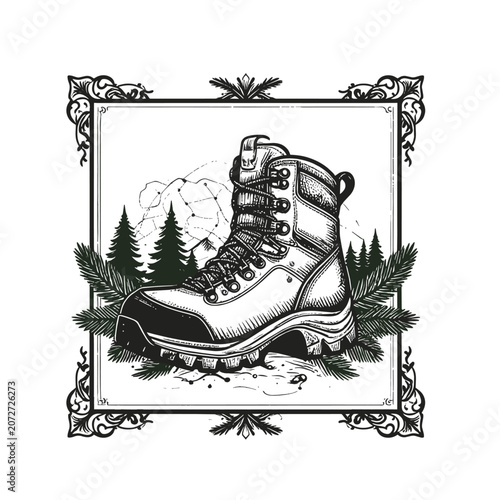 Vintage hiking boot with forest background illustration.