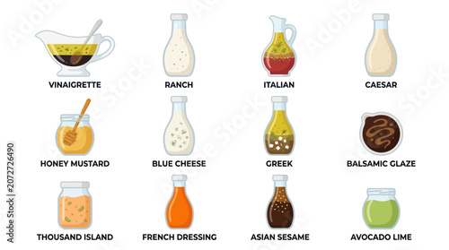 Fotografija Labeled salad dressing icons in glass bottles set.