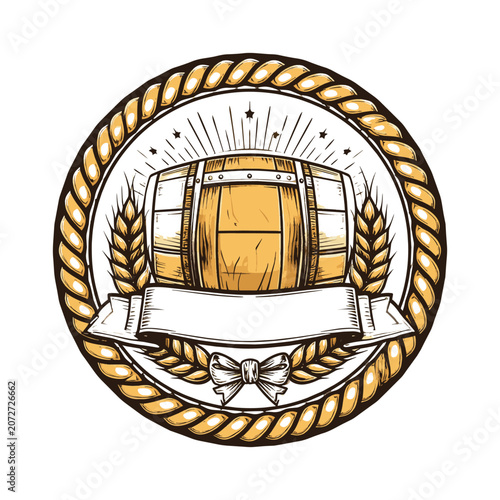 Vintage wooden barrel emblem with wheat and ribbon.