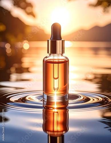 A golden liquid-filled dropper bottle on rippled water at sunset