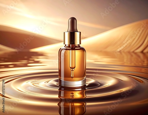 A golden dropper bottle on rippling water with desert background