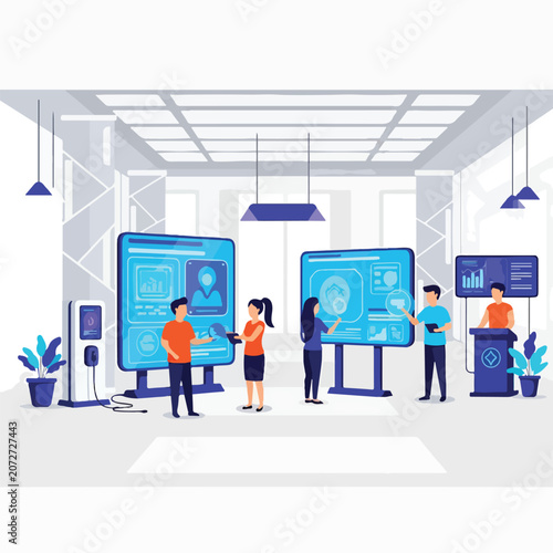 Foto Office scene with people interacting with large screens