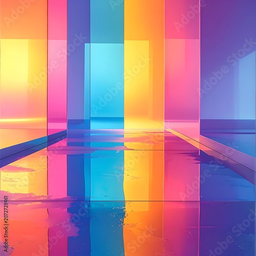 Vibrant colorful hallway with reflective floor.