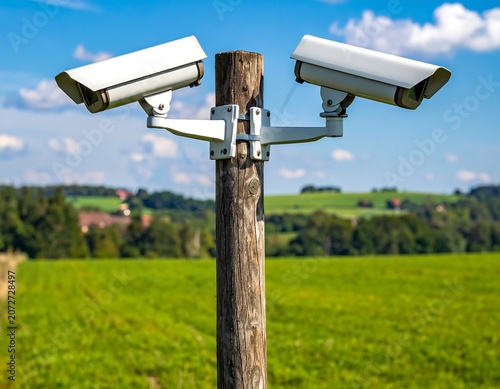 Two security cameras atop a wooden post in a grassy field