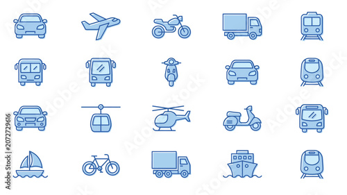 Set of blue transport and travel icons featuring cars planes motorcycles trucks trains buses and boats for logistics and transportation design Vector