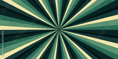 Fotografie Dramatic vintage sunburst background with dark green rays on beige paper and a distressed grunge texture