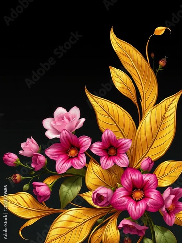Luxurious gold leaf design with intertwined flowers, texture, wallpaper