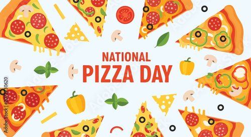 Quadro su tela Colorful pizza slices and toppings celebrate National Pizza Day