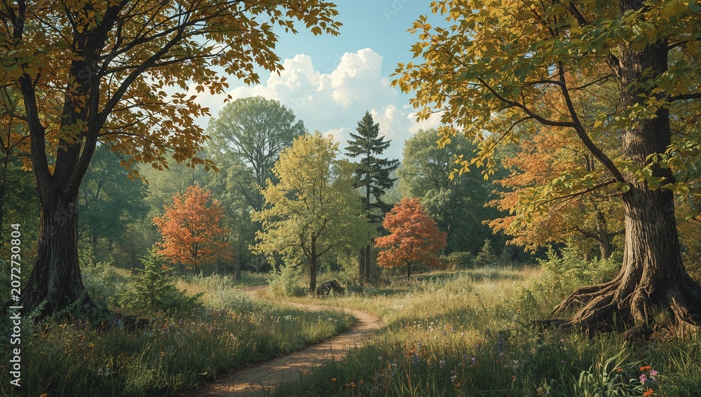 Fototapeta premium Colorful Autumn Forest Path Scene with Tall Trees Bright Leaves Under Blue Sky