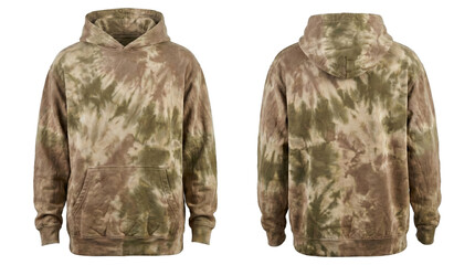 Earth Tone Abstract Tie Dye Pullover Hoodie Ghost Mannequin Mockup Front and Back View isolated on plain background