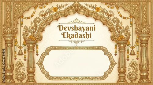Devshayani ekadashi traditional festival celebration banner template with golden ornate arch and decorative pillars graphic illustration