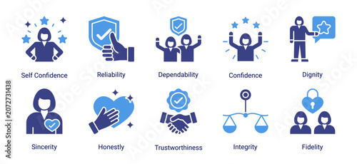 Canvastavla Trust foundation icon set featuring confidence,reliability,integrity,sincerity,dignity and loyalty concepts for professional and business credibility
