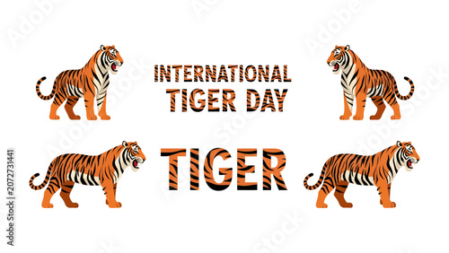 Canvas Print International Tiger Day Celebration: Four stylized tigers flank bold text celebrating International Tiger Day, promoting conservation and awareness for these majestic big cats