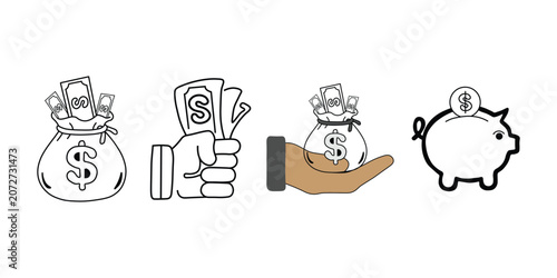 Minimalist money icon set with dollar bags and piggy bank, hand holding cash currency vectors, financial savings and banking illustrations