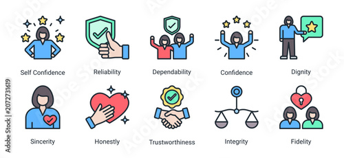 Photos Trust foundation icon set featuring confidence,reliability,integrity,sincerity,dignity and loyalty concepts for professional and business credibility
