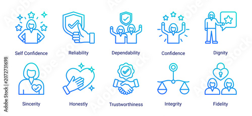 Konstfotografi Trust foundation icon set featuring confidence,reliability,integrity,sincerity,dignity and loyalty concepts for professional and business credibility