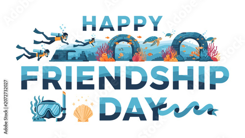 Bild auf Leinwand Happy Friendship Day Under the Sea: Scuba divers explore a vibrant coral reef and swim alongside sea turtles, celebrating Friendship Day in an underwater adventure