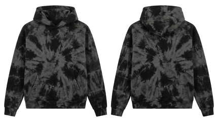 Black and Dark Grey Spiral Tie Dye Pullover Hoodie Mockup Front and Back View isolated on plain background