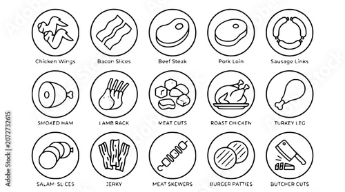 Photos Butcher shop raw meat cut line icon vector set featuring linear circle symbols f