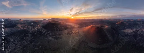 Panel kuchenny z motywem Sunrise Over the Volcanic Landscape of Lanzarote, Canary Islands, Spain – 360° Aerial Panorama