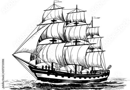 Quadro su tela Vintage sailing ship with full sails on a wavy sea, black and white