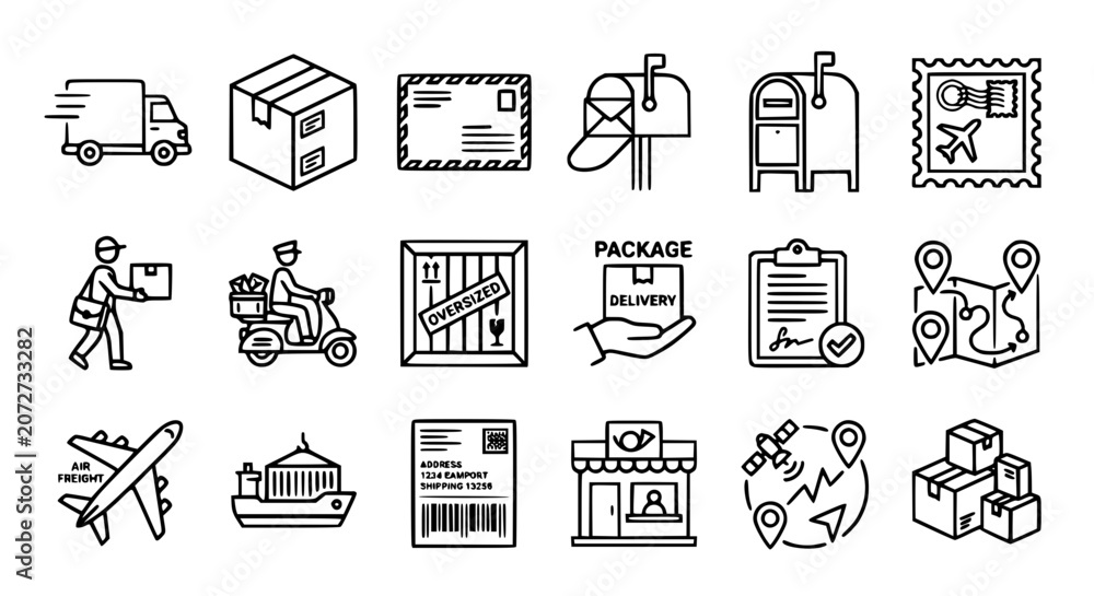 Fototapeta premium Logistics and postal delivery service line icon set featuring linear symbols for shipping transportation package tracking and global commerce logistics