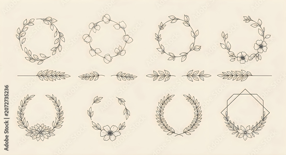 Fototapeta premium Vintage floral wreaths, bohemian borders, 8 illustrations, black line art, beige background floral