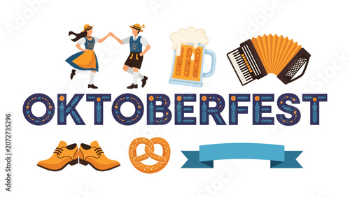 Bild auf Leinwand Oktoberfest Celebration Elements: A vibrant collection of iconic Oktoberfest symbols including dancing couples in traditional attire, a frothy beer stein, an accordion, pretzels, and lederhosen