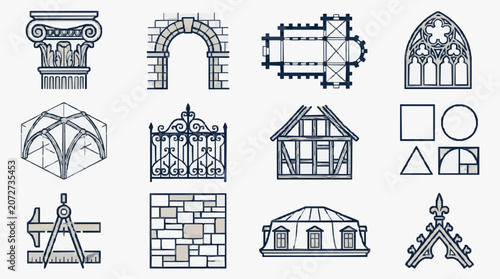 Photos Professional Monochromatic Architectural Icons Set Black and White Line Art of C