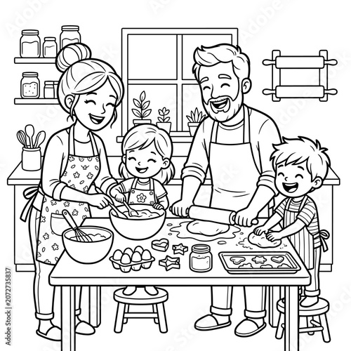Family Baking Cookies Together Coloring Page